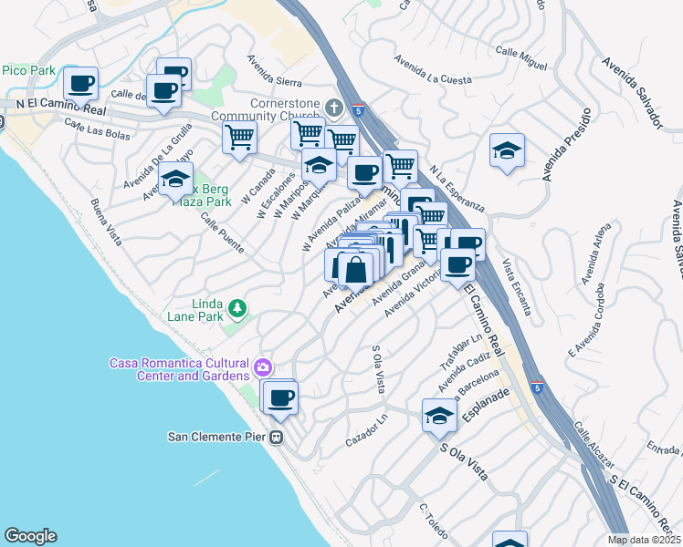 map of restaurants, bars, coffee shops, grocery stores, and more near 214 Avenida Cabrillo in San Clemente