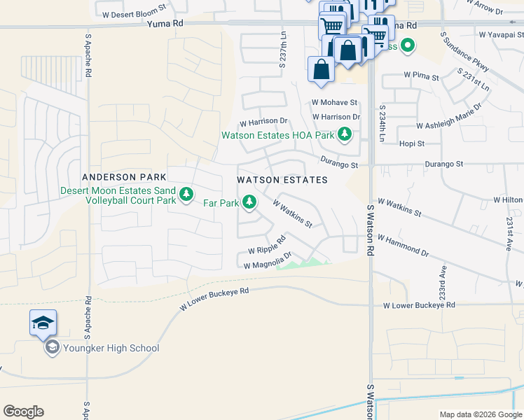 map of restaurants, bars, coffee shops, grocery stores, and more near 2283 South Hughes Drive in Buckeye