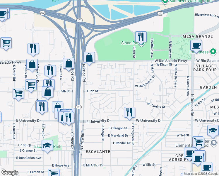 map of restaurants, bars, coffee shops, grocery stores, and more near 2402 East 5th Street in Tempe