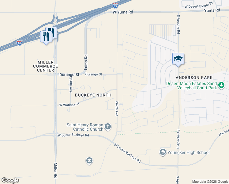 map of restaurants, bars, coffee shops, grocery stores, and more near 24701 West Watkins Street in Buckeye