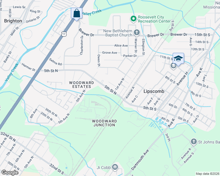 map of restaurants, bars, coffee shops, grocery stores, and more near 5103 5th Street North in Bessemer