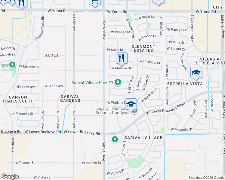 map of restaurants, bars, coffee shops, grocery stores, and more near 16215 West Hilton Avenue in Goodyear