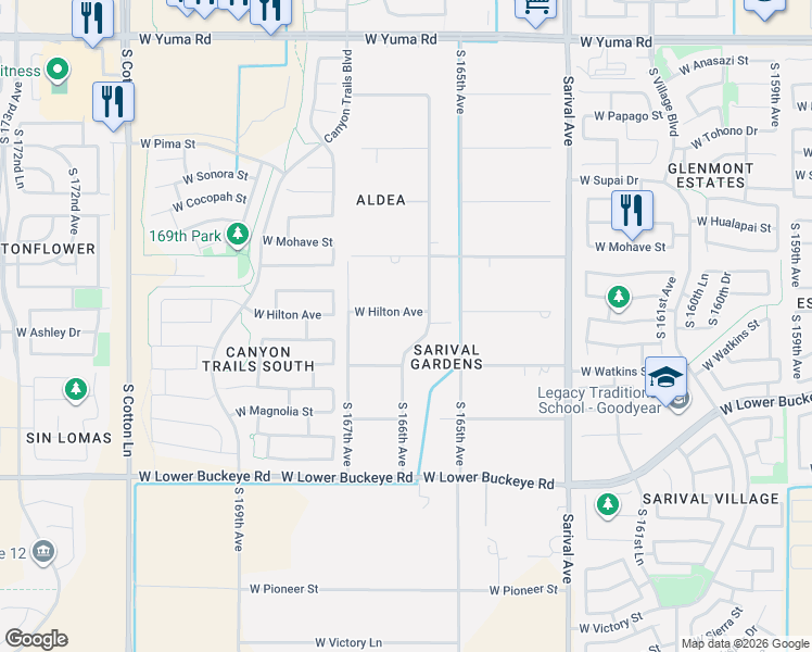 map of restaurants, bars, coffee shops, grocery stores, and more near 16621 W Hilton Ave in Goodyear
