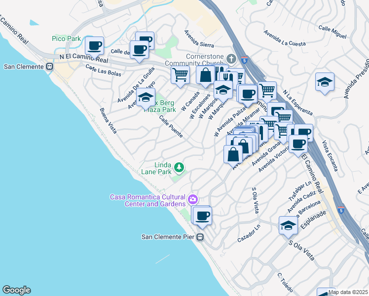 map of restaurants, bars, coffee shops, grocery stores, and more near 208 La Paloma in San Clemente