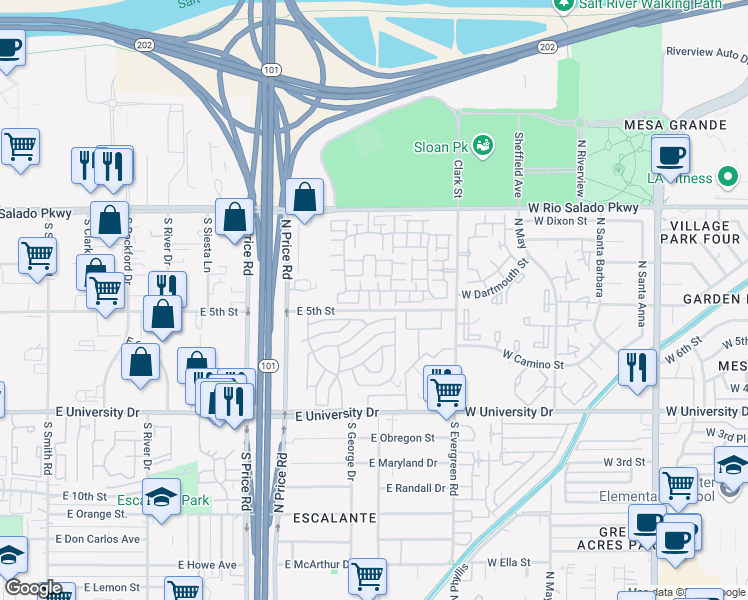 map of restaurants, bars, coffee shops, grocery stores, and more near 2402 East 5th Street in Tempe
