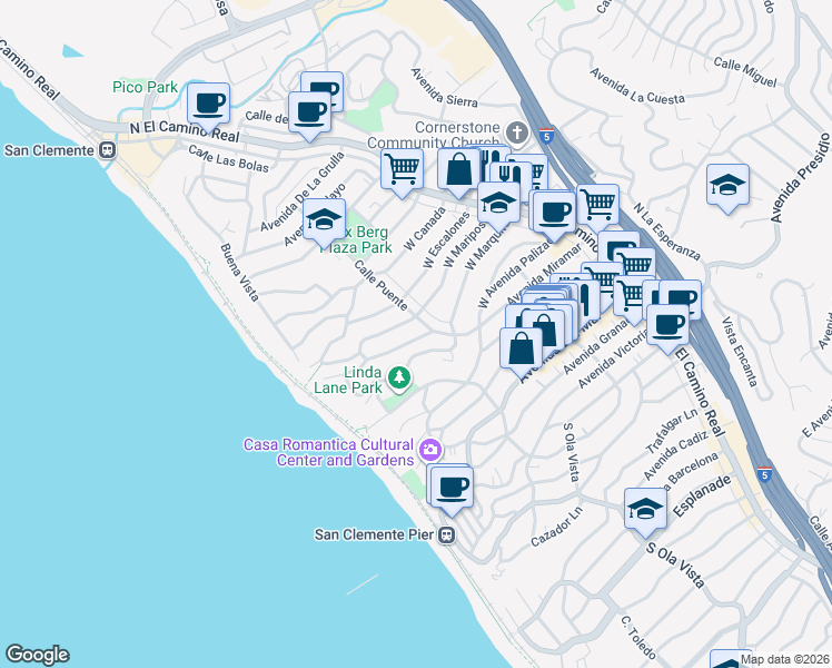 map of restaurants, bars, coffee shops, grocery stores, and more near in San Clemente