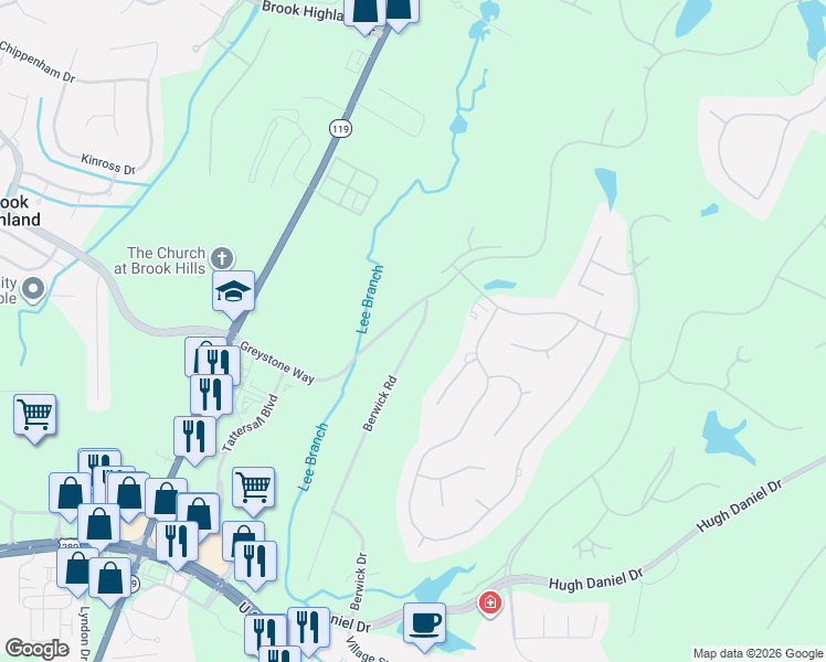 map of restaurants, bars, coffee shops, grocery stores, and more near 1110 Berwick Road in Birmingham