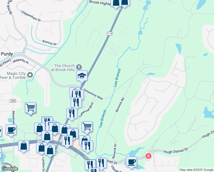map of restaurants, bars, coffee shops, grocery stores, and more near 200 One Nineteen Boulevard in Birmingham