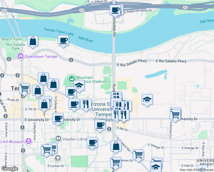 map of restaurants, bars, coffee shops, grocery stores, and more near 558 S Rural Rd in Tempe