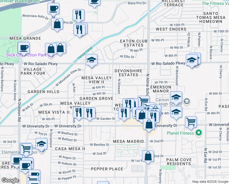 map of restaurants, bars, coffee shops, grocery stores, and more near 611 North Standage in Mesa