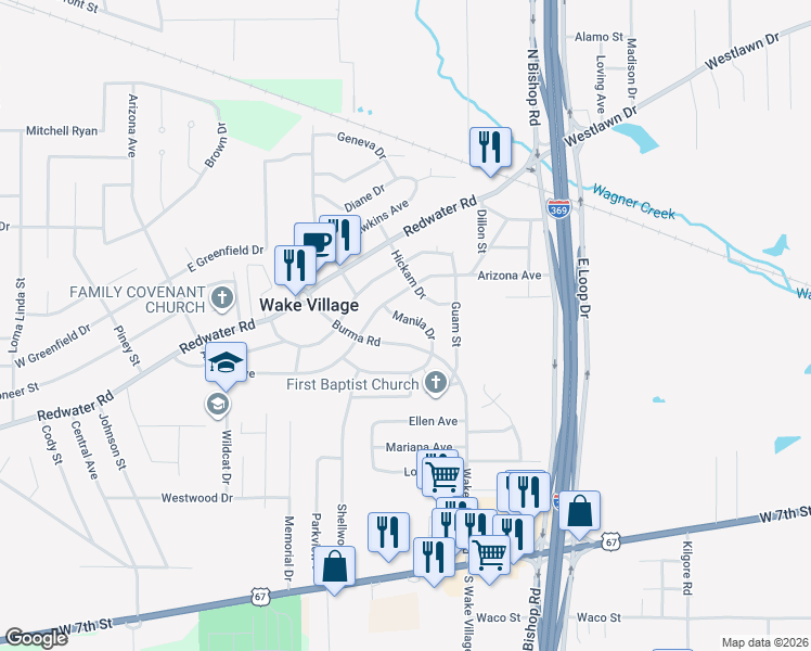 map of restaurants, bars, coffee shops, grocery stores, and more near 820 Manila Drive in Wake Village