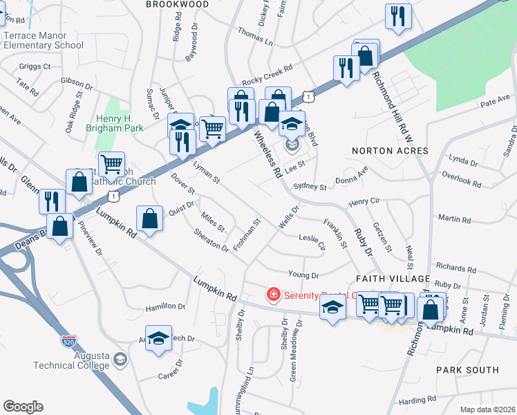 map of restaurants, bars, coffee shops, grocery stores, and more near 2521 Lyman Street in Augusta