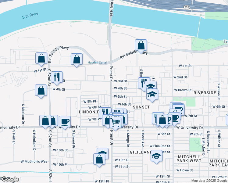map of restaurants, bars, coffee shops, grocery stores, and more near 1320 West 5th Street in Tempe