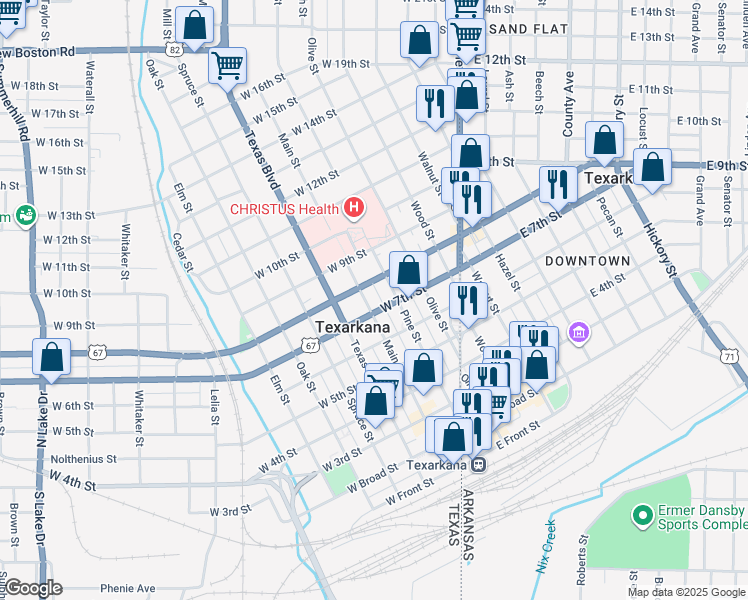 map of restaurants, bars, coffee shops, grocery stores, and more near 710 Main Street in Texarkana