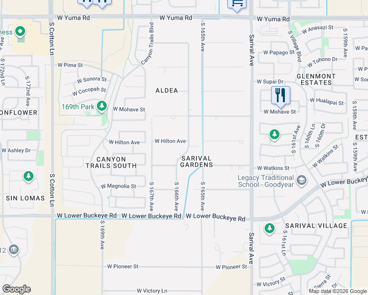 map of restaurants, bars, coffee shops, grocery stores, and more near 16621 West Hilton Avenue in Goodyear
