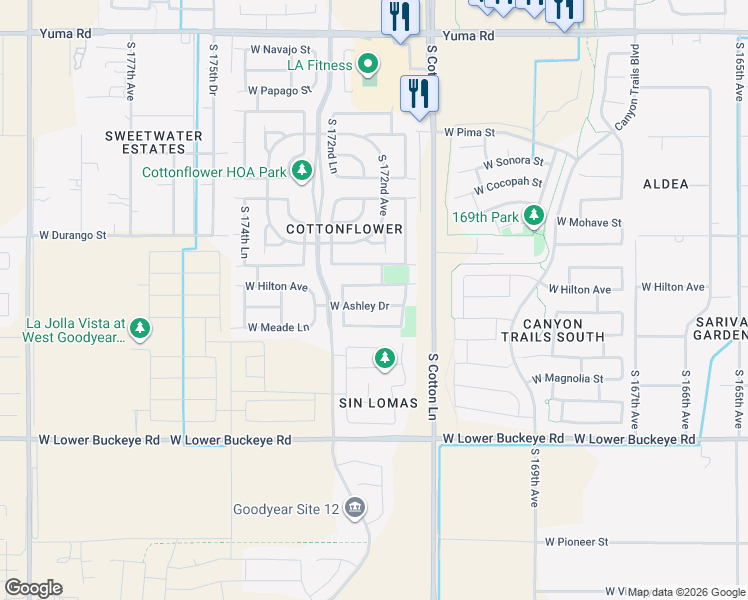 map of restaurants, bars, coffee shops, grocery stores, and more near 17230 West Ashley Drive in Goodyear
