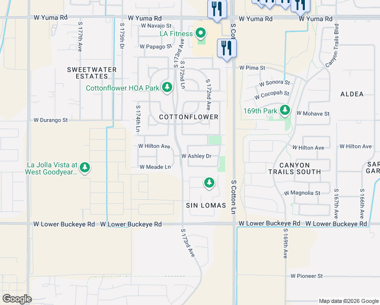 map of restaurants, bars, coffee shops, grocery stores, and more near 2294 South 172nd Lane in Goodyear