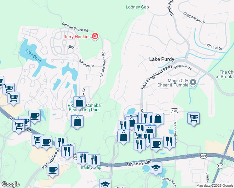 map of restaurants, bars, coffee shops, grocery stores, and more near 506 Eagle Ridge Drive in Birmingham