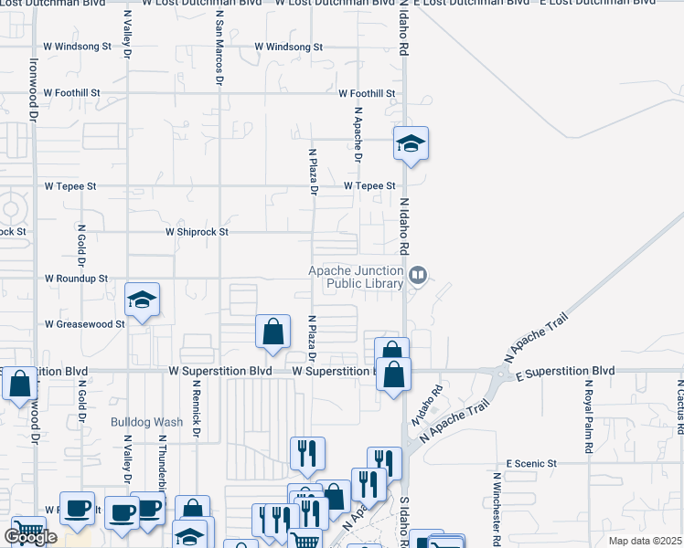 map of restaurants, bars, coffee shops, grocery stores, and more near 1223 North Agave Road in Apache Junction