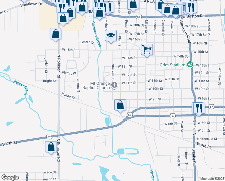 map of restaurants, bars, coffee shops, grocery stores, and more near 1011 Stuckey Street in Texarkana