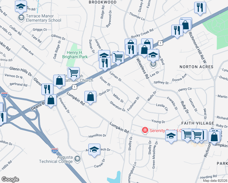 map of restaurants, bars, coffee shops, grocery stores, and more near 2545 Miles Street in Augusta