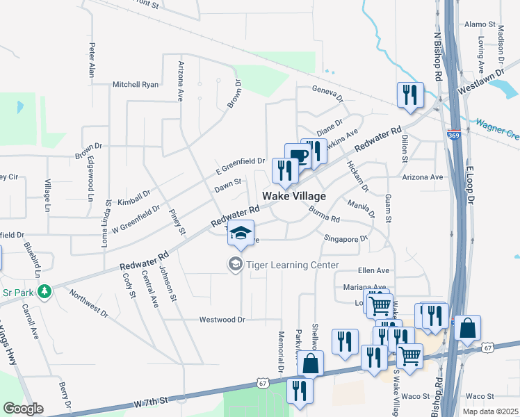 map of restaurants, bars, coffee shops, grocery stores, and more near 516 Redwater Road in Wake Village