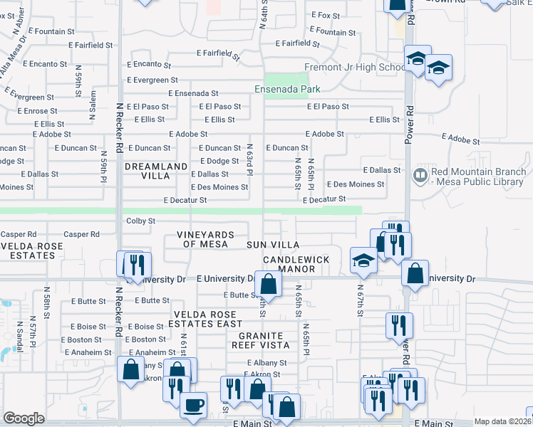 map of restaurants, bars, coffee shops, grocery stores, and more near 6402 Colby Street in Mesa