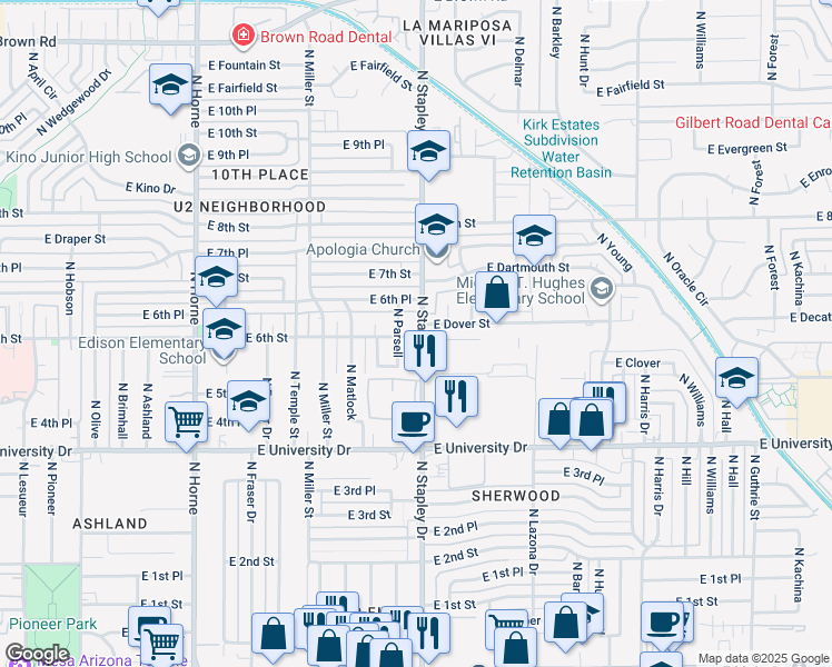 map of restaurants, bars, coffee shops, grocery stores, and more near 606 North Stapley Drive in Mesa