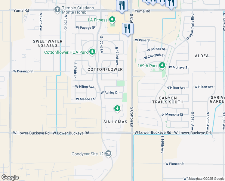 map of restaurants, bars, coffee shops, grocery stores, and more near 17230 West Ashley Drive in Goodyear