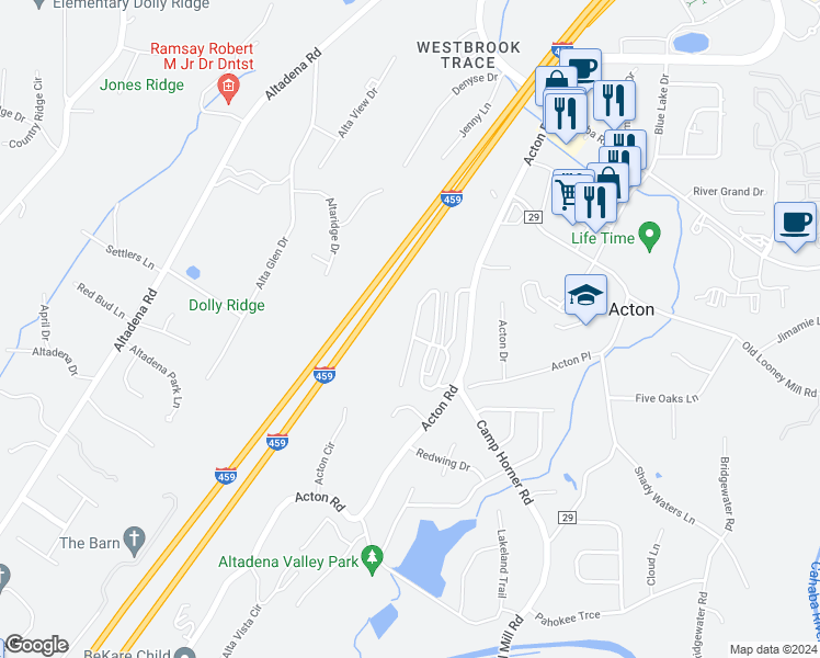map of restaurants, bars, coffee shops, grocery stores, and more near 2381 Acton Park Circle in Birmingham