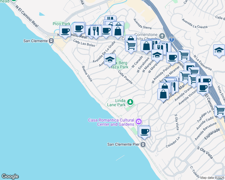 map of restaurants, bars, coffee shops, grocery stores, and more near 236 West Escalones in San Clemente