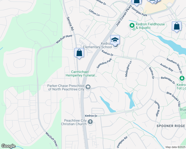 map of restaurants, bars, coffee shops, grocery stores, and more near 130 Santolina Park in Peachtree City