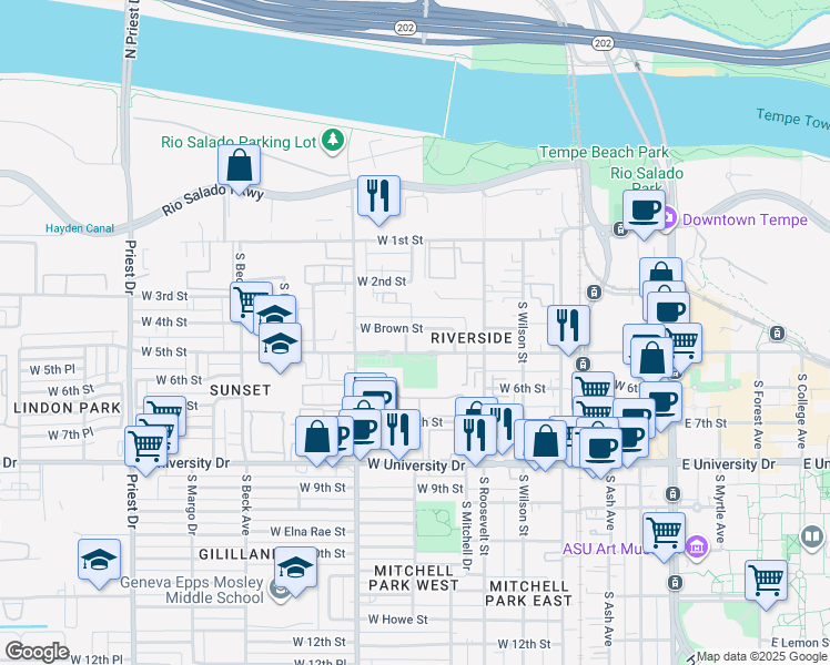 map of restaurants, bars, coffee shops, grocery stores, and more near 725 West Brown Street in Tempe