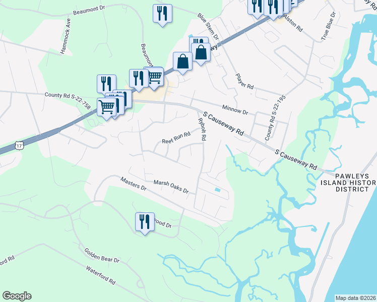 map of restaurants, bars, coffee shops, grocery stores, and more near 26 Windward Way in Pawleys Island