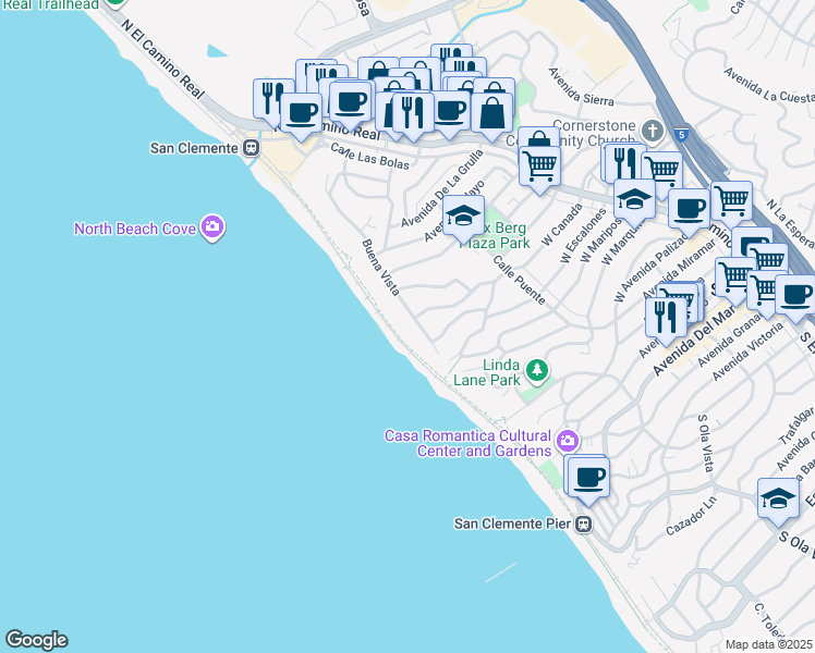 map of restaurants, bars, coffee shops, grocery stores, and more near 911 Buena Vista in San Clemente