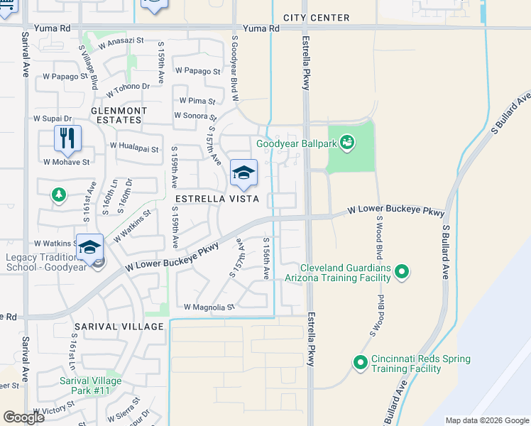 map of restaurants, bars, coffee shops, grocery stores, and more near 15597 West Shiloh Avenue in Goodyear