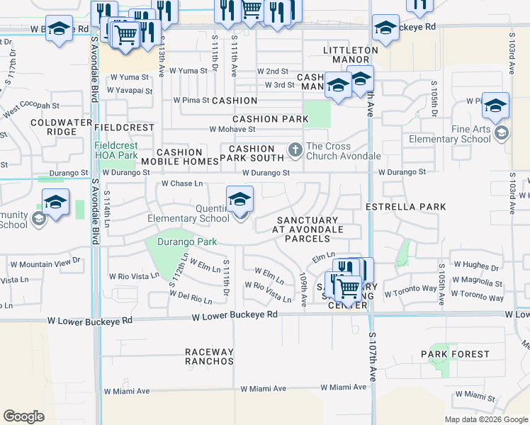 map of restaurants, bars, coffee shops, grocery stores, and more near 10930 West Davis Lane in Avondale