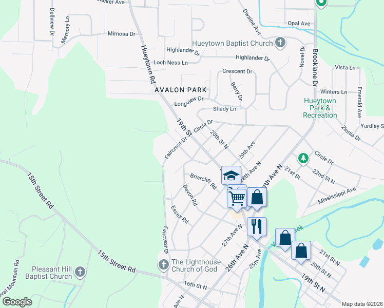map of restaurants, bars, coffee shops, grocery stores, and more near 1802 Devon Road in Hueytown
