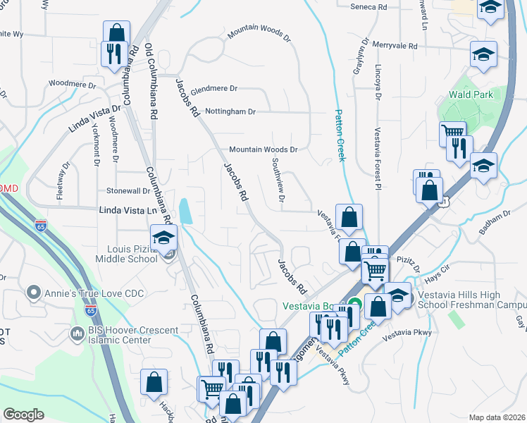map of restaurants, bars, coffee shops, grocery stores, and more near 2734 Vestavia Forest Dr in Vestavia Hills
