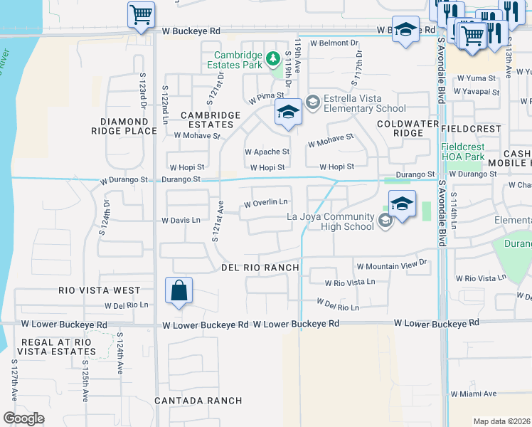 map of restaurants, bars, coffee shops, grocery stores, and more near 12010 West Davis Lane in Avondale