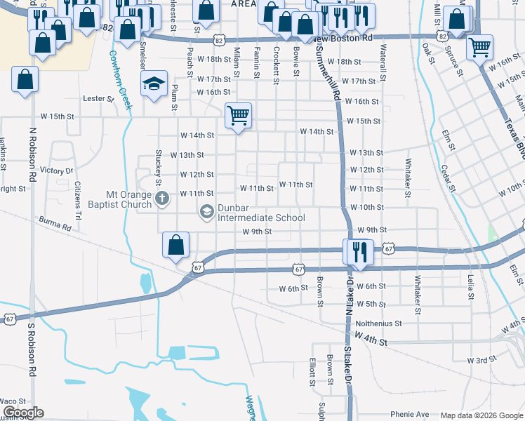map of restaurants, bars, coffee shops, grocery stores, and more near 2005 West 10th Street in Texarkana
