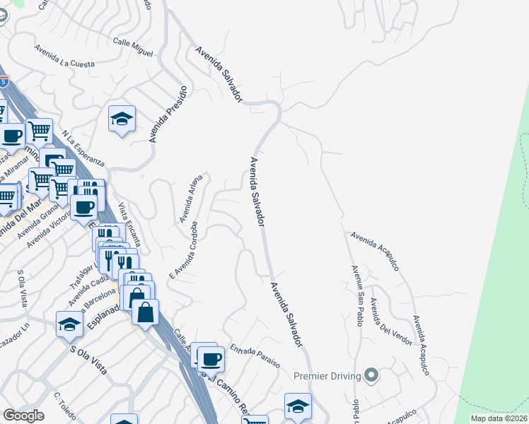 map of restaurants, bars, coffee shops, grocery stores, and more near 875 Avenida Salvador in San Clemente