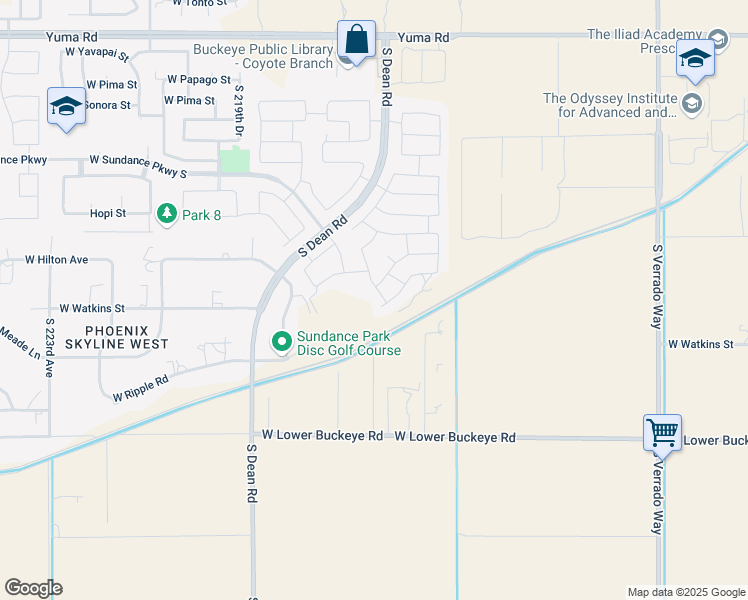 map of restaurants, bars, coffee shops, grocery stores, and more near 21662 West Watkins Street in Buckeye