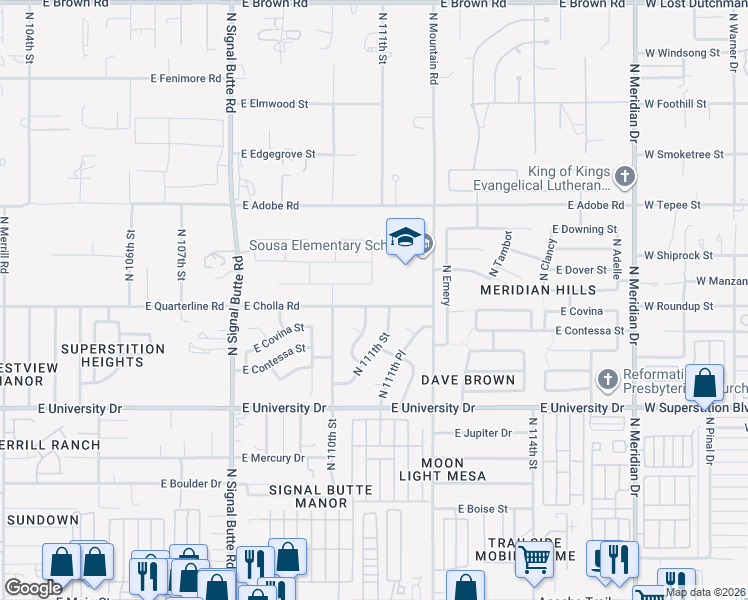 map of restaurants, bars, coffee shops, grocery stores, and more near 11034 East Cholla Road in Mesa