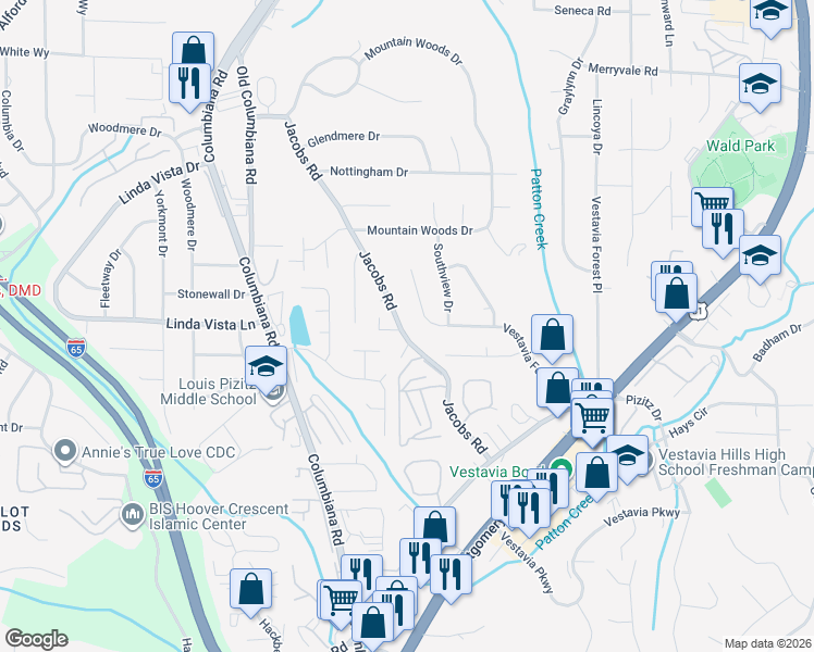 map of restaurants, bars, coffee shops, grocery stores, and more near 2734 Vestavia Forest Drive in Vestavia Hills