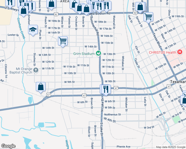 map of restaurants, bars, coffee shops, grocery stores, and more near 1713 West 10th Street in Texarkana