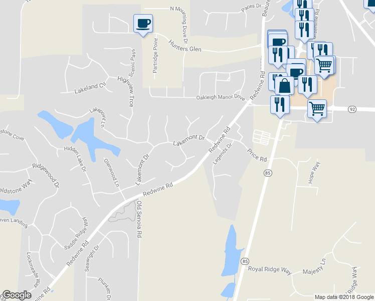 map of restaurants, bars, coffee shops, grocery stores, and more near 110 Overlook Court in Fayetteville