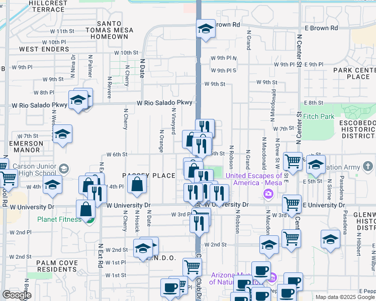 map of restaurants, bars, coffee shops, grocery stores, and more near 551 North Vineyard in Mesa