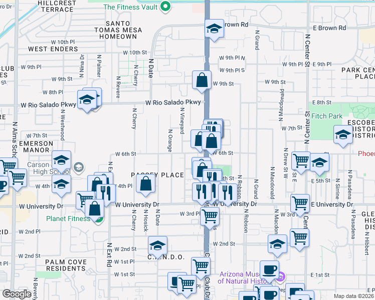 map of restaurants, bars, coffee shops, grocery stores, and more near 551 North Vineyard in Mesa
