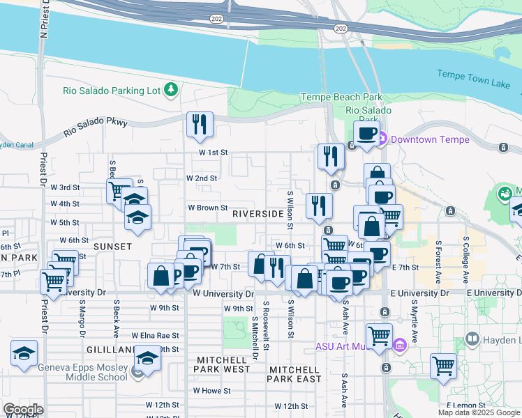 map of restaurants, bars, coffee shops, grocery stores, and more near 704-724 West 5th Street in Tempe